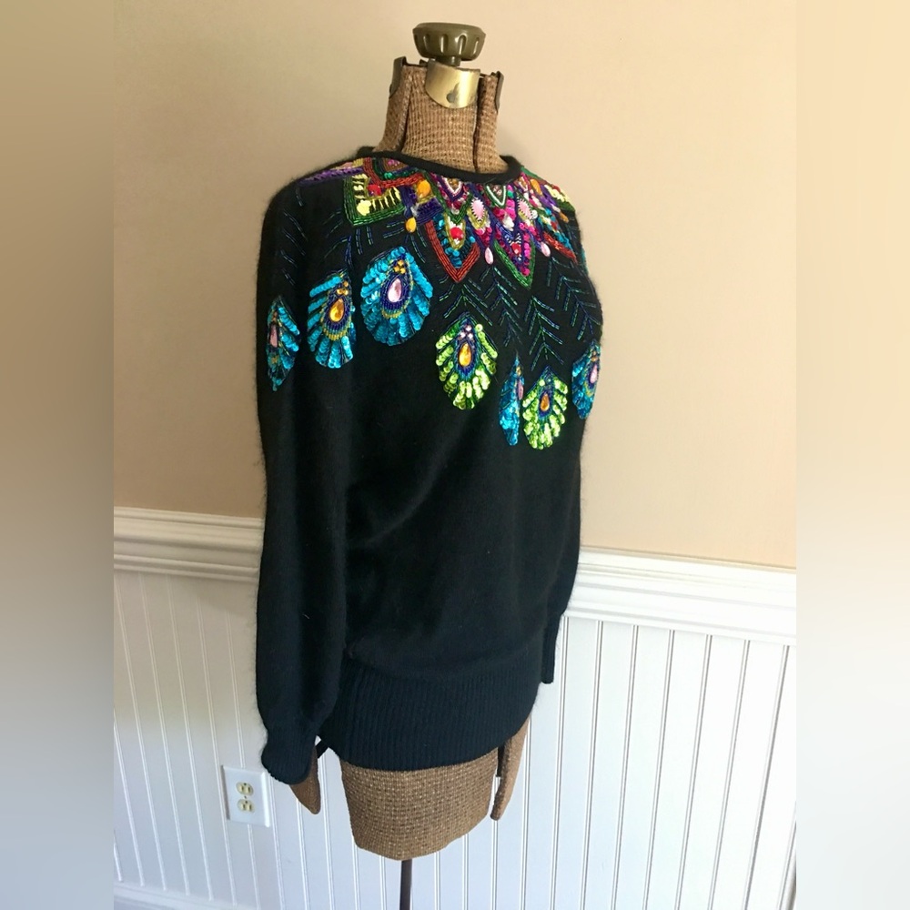 Vintage Sequin & Beaded Cedars Black Knit Dress Sweater Size: M - Picture 4 of 14